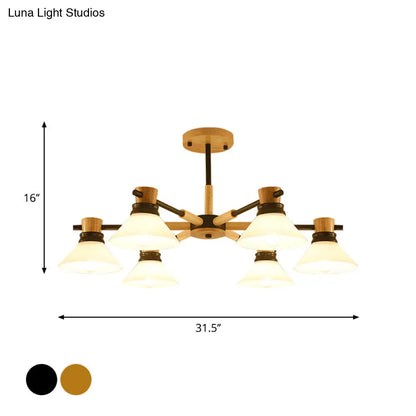 Modern Glass and Wood Hanging Pendant Chandelier - Black/Gold Branch Cone Shade for Sitting Room