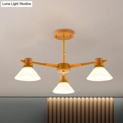 Modern Glass and Wood Hanging Pendant Chandelier - Black/Gold Branch Cone Shade for Sitting Room