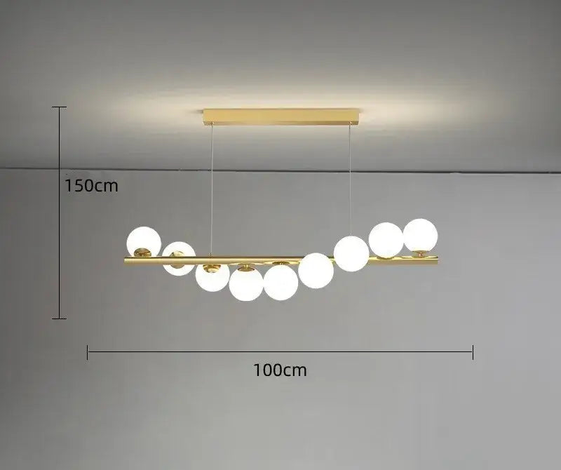 Modern glass ball gold chandelier dining room pendant light with sleek horizontal bar and white spherical glass globes decorbites glass ball