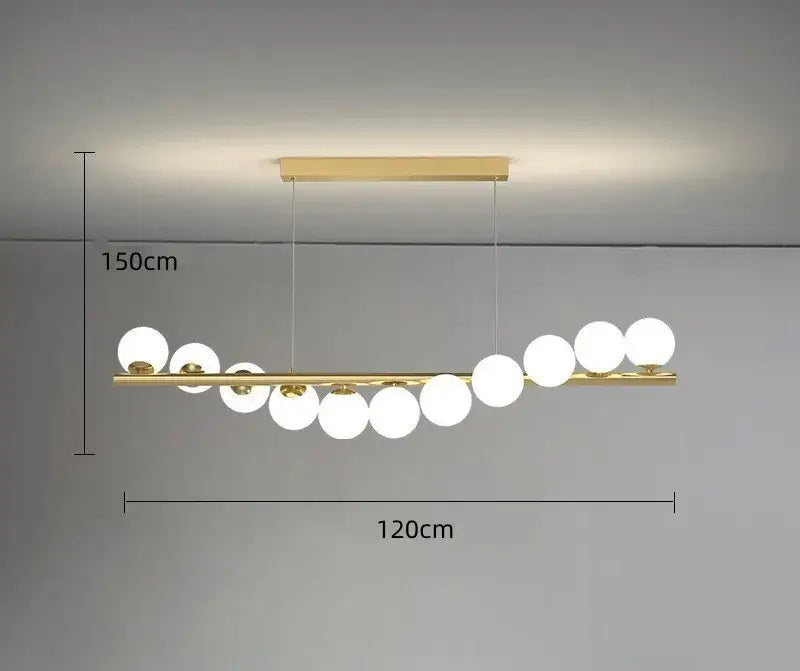Modern glass ball gold chandelier pendant light with gold-toned horizontal bar and white spherical glass bulbs for dining room decorbites glass ball
