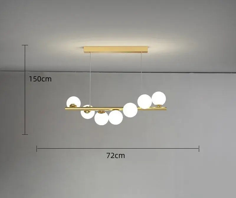 Modern glass ball gold chandelier pendant light with sleek horizontal bar and seven frosted decorbites glass ball bulbs