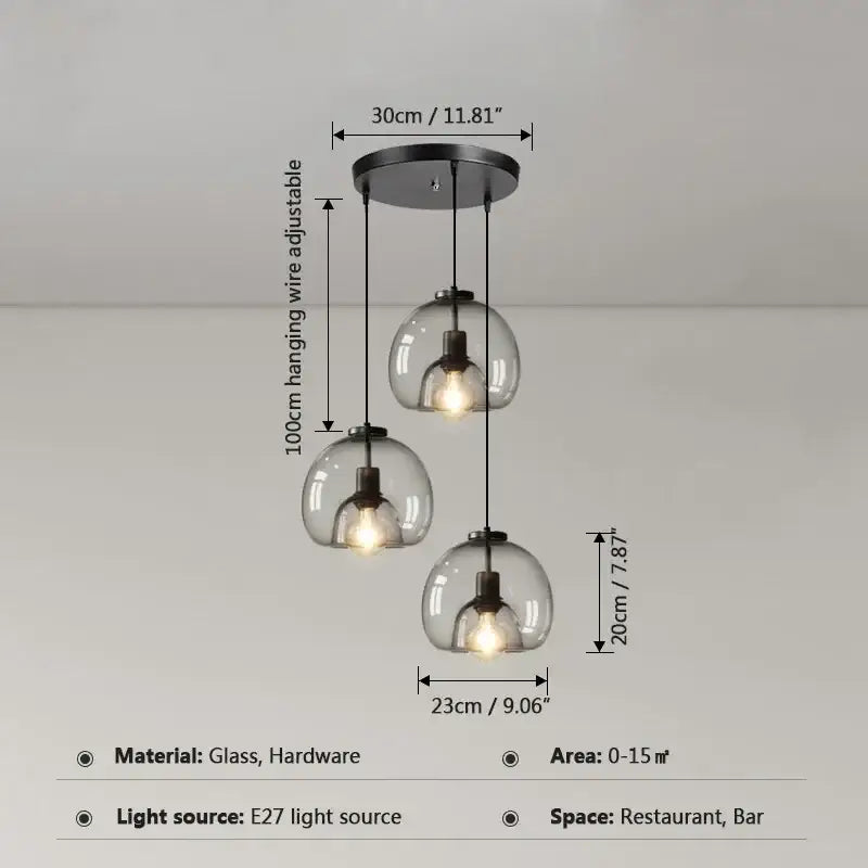 Modern glass ball led pendant lights with three spherical bulbs and black metal ceiling mount for dining room decorbites pendant lights
