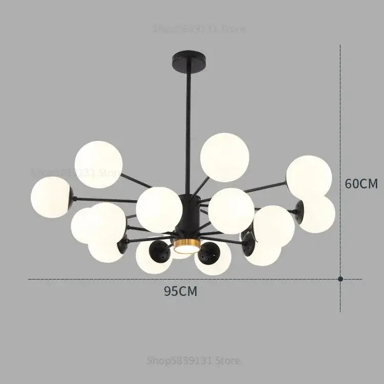 Modern black metal chandelier with multiple white glass ball pendant lights for elegant living room decorbites lighting