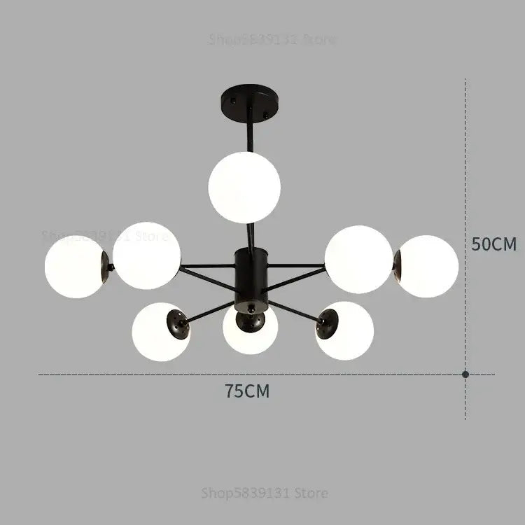 Modern black metal chandelier with eight frosted white glass globes for living room decorbites glass ball pendant lights