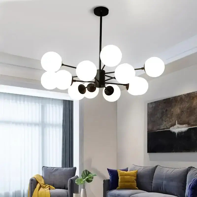 Modern black metal chandelier with frosted glass globe bulbs for living room decorbites glass ball pendant lights