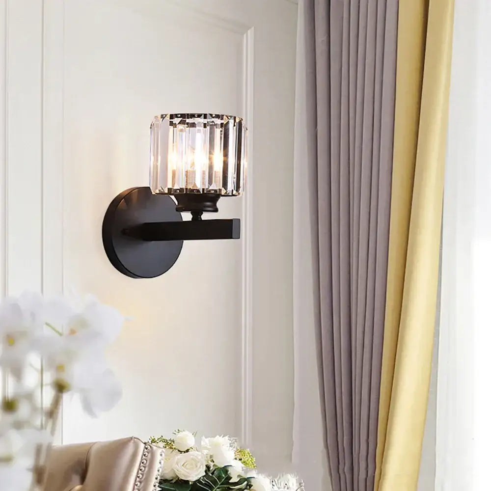 Black metal wall lamp with faceted crystal glass ball shade for modern bedroom decorbites glass ball sconce