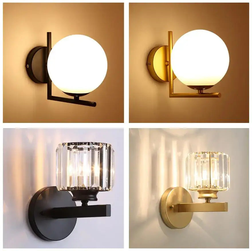 Modern glass ball wall lamp crystal sconce available in matte black brushed gold or polished brass finishes by decorbites