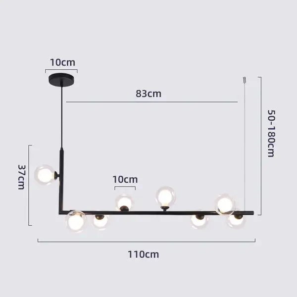Modern glass black chandelier featuring a black metal l-shaped pendant light with six clear glass globe bulbs for dining room decorbites glass black design