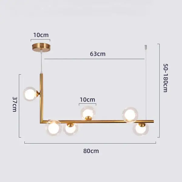 Gold-toned modern decorbites glass black chandelier pendant light with five clear glass globes in l-shaped design for dining room