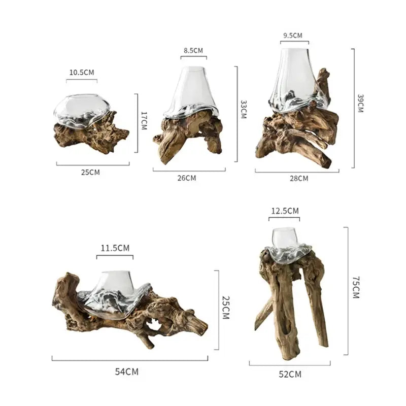 Natural wood root stands with clear glass candle holders in a decorbites glass bonsai vase for modern living room decor