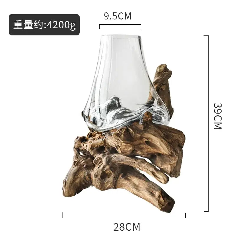 Clear glass bonsai vase with flared top on natural driftwood for modern hydroponic fishbowl decorbites glass decor