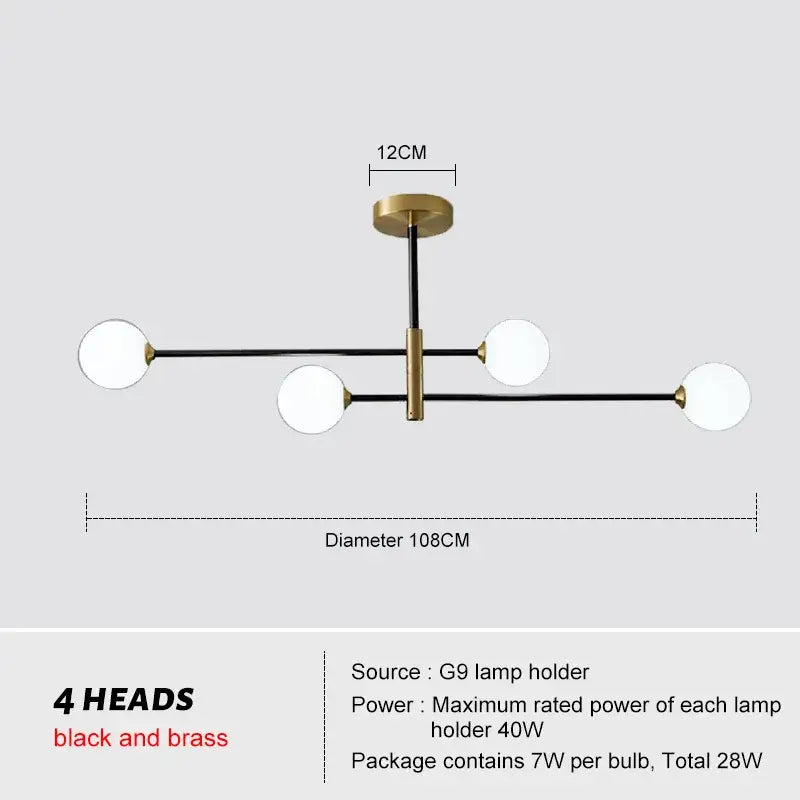 Modern black and brass glass brass chandelier with four spherical lamp heads for living room decorbites glass brass lighting