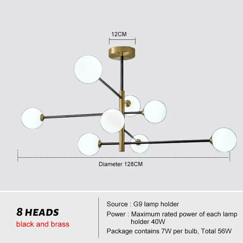 Modern glass brass chandelier with eight white spherical glass lamp heads on black and brass arms for living room decorbites glass brass