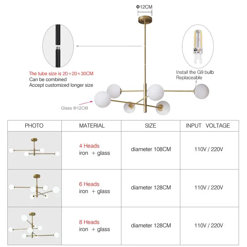 Modern glass brass chandelier with four white glass globes featuring geometric brass-toned decorbites glass design
