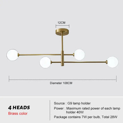 Modern glass brass chandelier with four white glass spherical lamps in brass color for living room decorbites glass brass