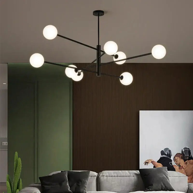Modern black metal glass brass chandelier with spherical frosted globe lights decorbites glass brass pendant light