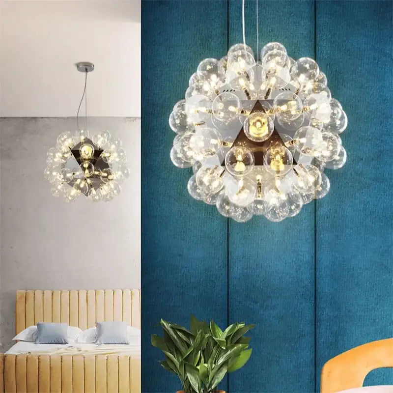 Modern glass bubble led hanging lamp with brass triangular frame and clear spherical bulbs for living room decorbites glass bubble