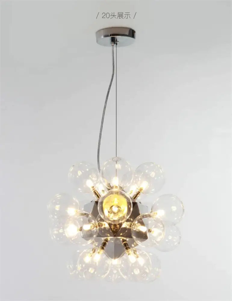 Modern glass bubble led hanging lamp with chrome geometric base and 20 clear glass globes for living room decorbites glass bubble