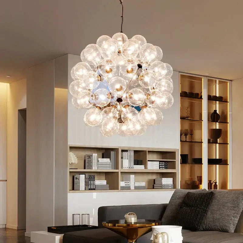 Modern glass bubble led hanging lamp featuring clear glass bulbs clustered in a spherical design for living room decorbites glass bubble