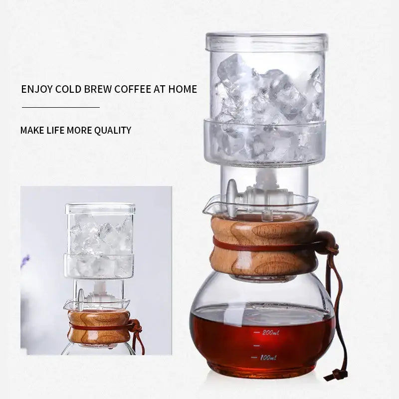 Modern glass coffee kettle dripper featuring clear glass cold brew maker with wooden accents and brown leather strap