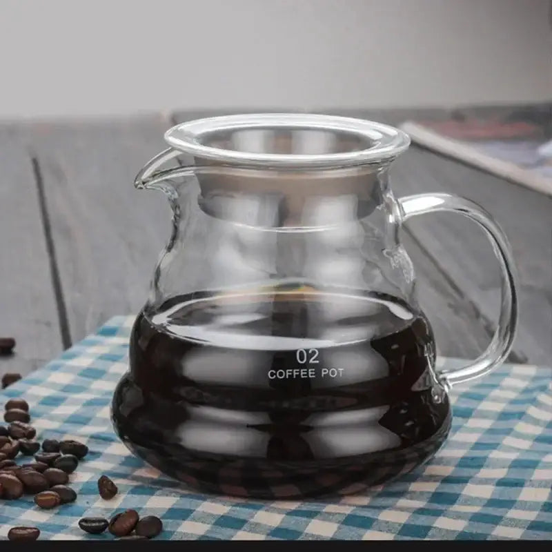 Modern glass coffee pot with stainless steel coffee pot lid and handle marked 02 for kitchen dining use