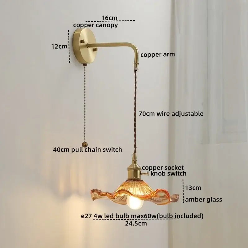 Antique brass copper led wall light with wavy amber glass shade and adjustable 70cm wire for modern bedrooms