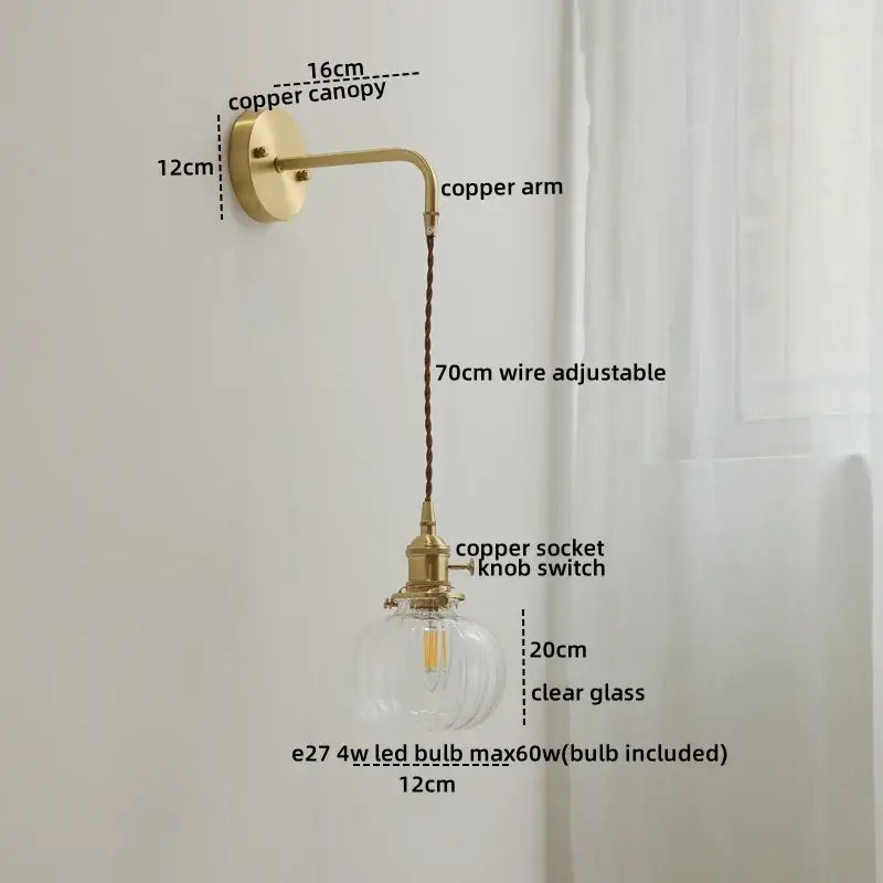 Vintage-style modern glass copper led wall lights with brass finish and adjustable wire for bedroom globe sconce lighting