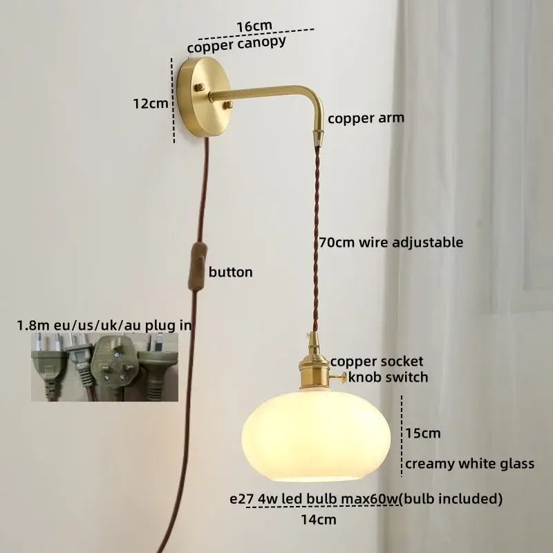 A vintage-style copper led wall light with a curved arm, creamy glass shade, and adjustable 70cm wire for bedroom use