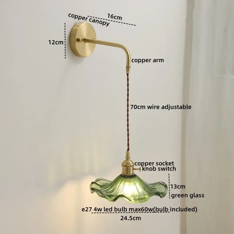 Modern glass copper led wall lights featuring a brass copper led wall sconce with green flared glass shade and braided wire