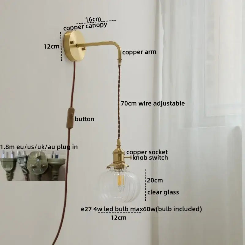 Modern glass copper led wall light featuring a vintage-style copper sconce with clear glass bulb and adjustable wire