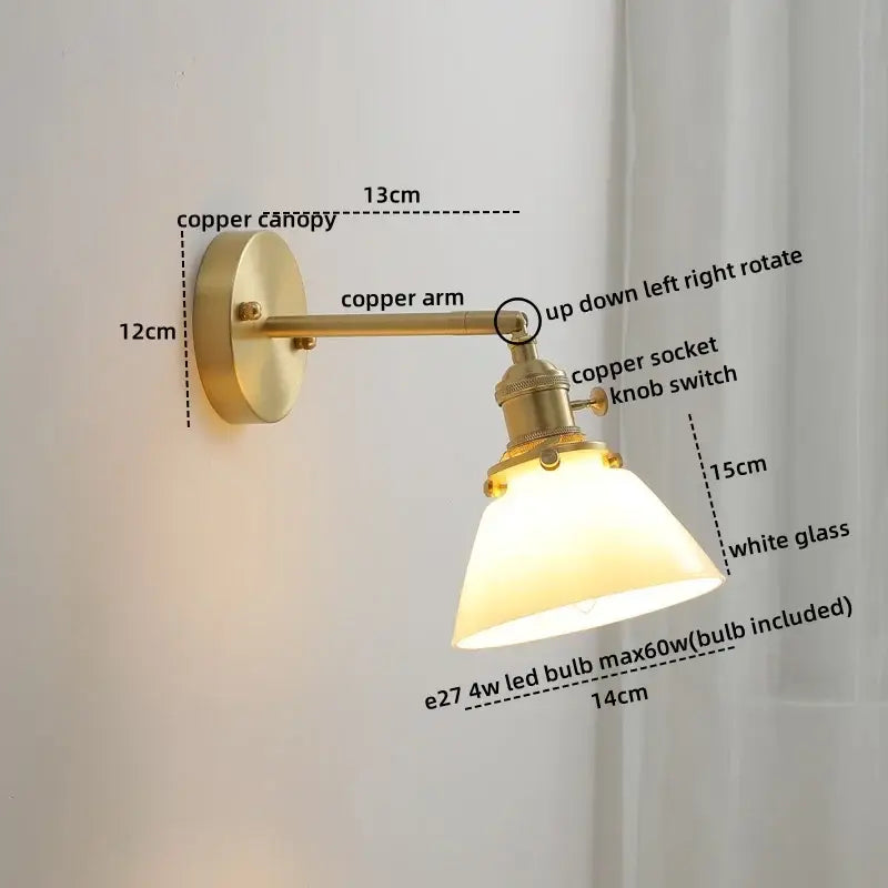 Brass-finished wall lights with adjustable copper arm and white glass shade modern glass copper led for bedroom reading