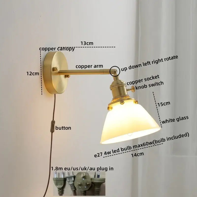 Brass-finished copper led wall light with white glass shade and adjustable arm for modern bedroom reading