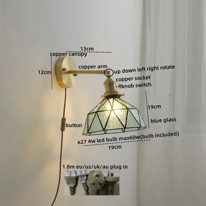 Vintage-style wall lights with brass-finished copper led canopy and blue geometric glass shade for bedroom reading