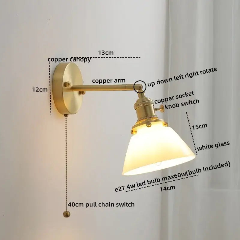 Vintage-style brass wall lights with white glass shade and copper led wall arm for modern bedroom reading