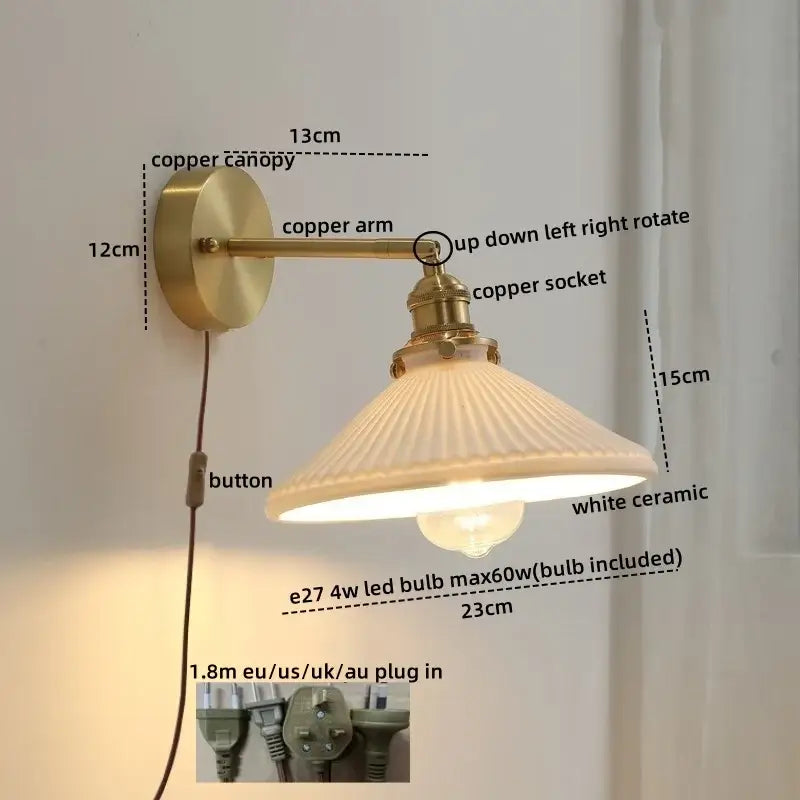 A vintage-style wall light with brass-finished copper led arm and white ceramic shade for bedroom reading