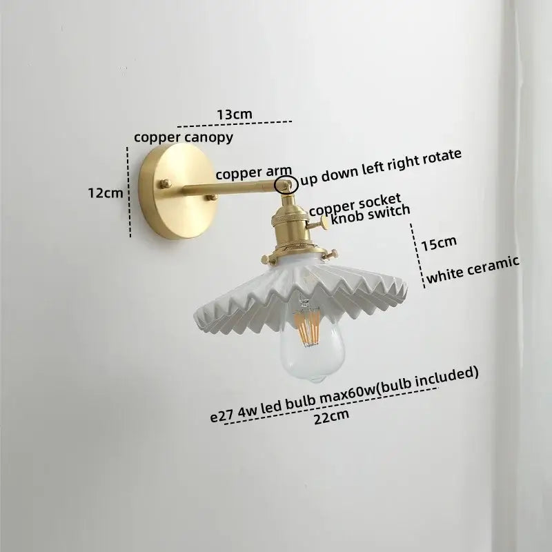 A vintage-style wall light with a brass copper arm and white ceramic shade for modern glass copper led wall lights