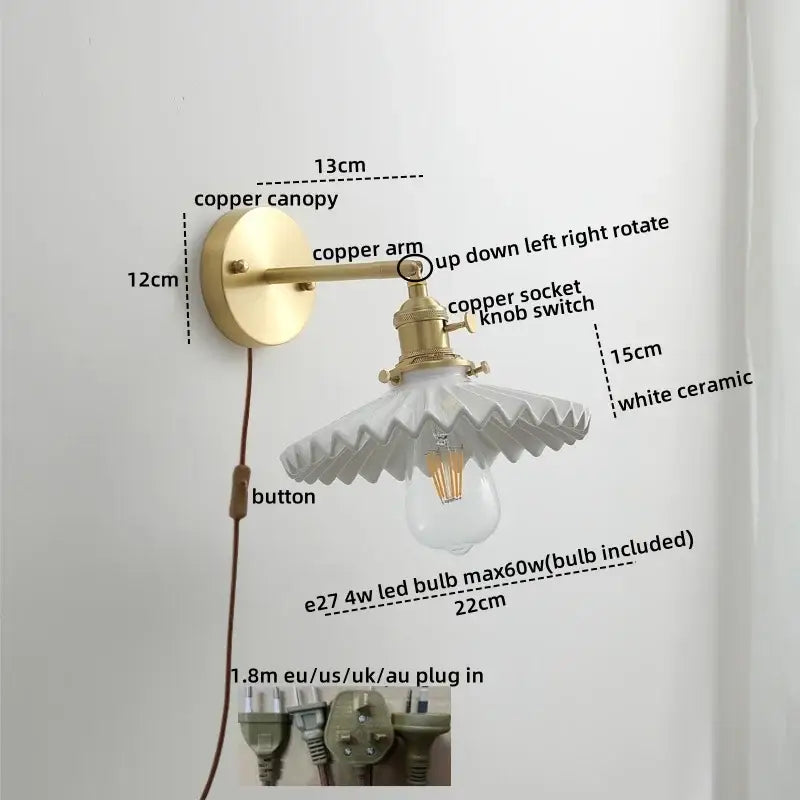 Vintage-style wall sconce with brass copper led wall lights featuring an adjustable knob and white ceramic shade for reading