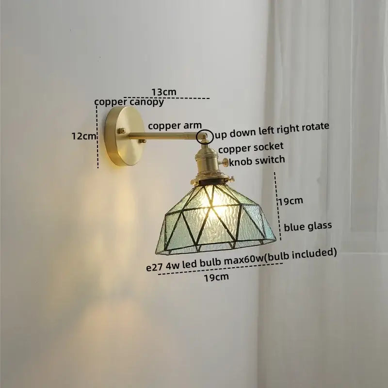 Vintage-style copper led wall light with geometric blue glass shade ideal for bedroom reading and modern decor