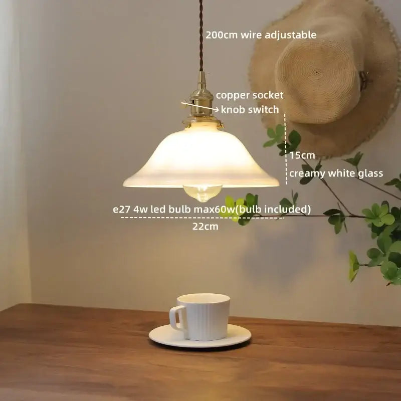 Creamy white glass copper pendant light with copper socket and knob switch on 200cm adjustable wire for dining room