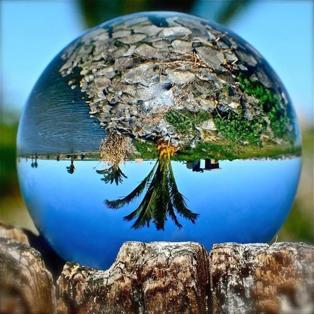 A clear glass crystal ball resting on rough wooden logs used as a modern photography prop and living room decor