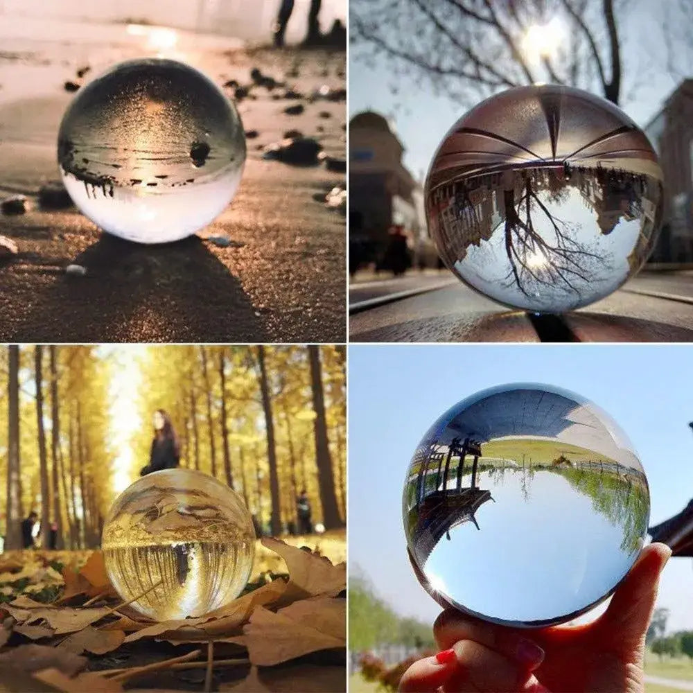 Modern glass crystal ball photography prop with clear spherical lens and reflective surface for living room decor