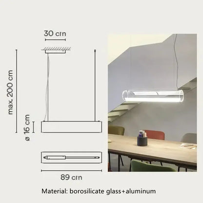 Modern glass cylinder chandelier with transparent borosilicate glass tube and polished aluminum frame by decorbites glass cylinder