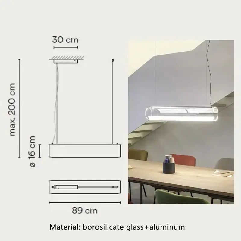 Modern glass cylinder chandelier with transparent borosilicate glass tube and polished aluminum frame by decorbites glass cylinder