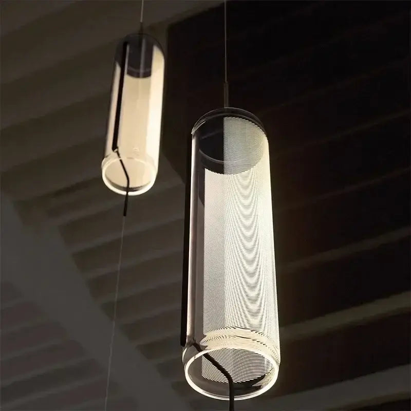 Modern glass cylinder chandelier dining room led pendant light with translucent mesh design and sleek metallic decorbites glass cylinder