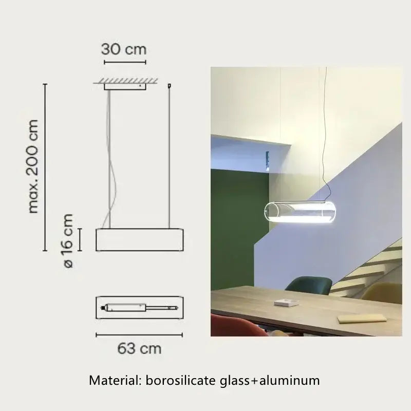 Modern glass cylinder chandelier with transparent borosilicate glass tube and aluminum frame by decorbites glass cylinder