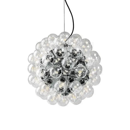 Modern glass dandelion g4 led chandelier featuring clear glass globe pendant light with chrome frame and black cord decorbites glass