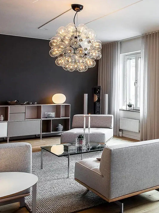 Modern glass dandelion g4 led chandelier with clear bubble glass spheres and black metal fixture for dining room decorbites glass
