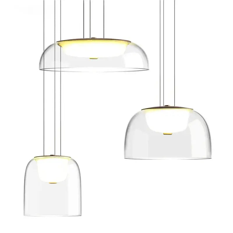 Modern glass dome pendant lights with warm yellow illumination and wood fixture for dining room glass pendant lights