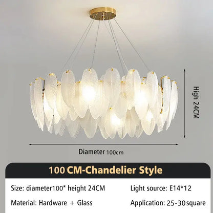 A modern 100 cm glass feather chandelier with translucent white glass feather shades and a brass ceiling mount