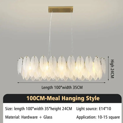 Modern glass feather chandelier with translucent white glass feather shades and brass hardware for living room lighting